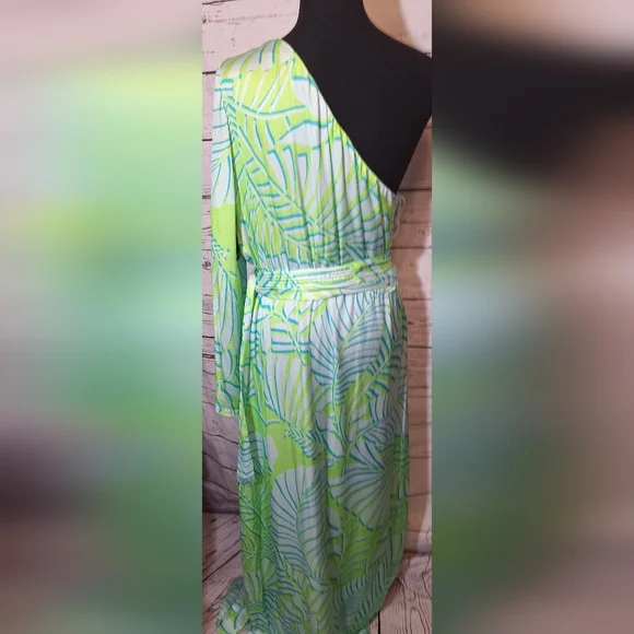 Boston Proper One Shoulder Maxi Dress Green Blue Tropical Print  Sz 12 #1917 - Picture 4 of 10